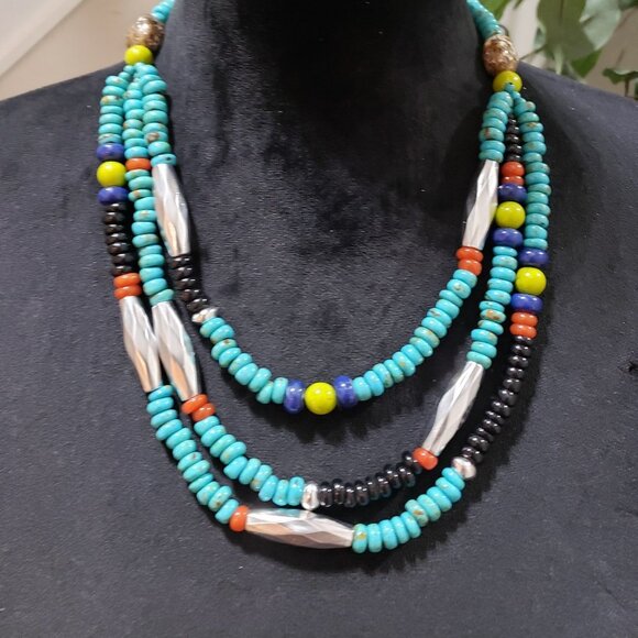 Women Fashion Native Turquoise Bead 3 Strand Collar Necklace with Lobster Clasp - Picture 1 of 6